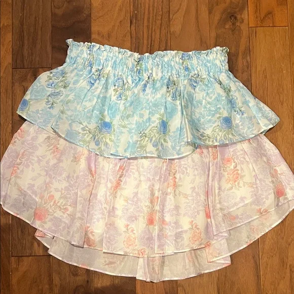 LoveShackFancy Blue and Pink ruffle mini skirt size XS NWT